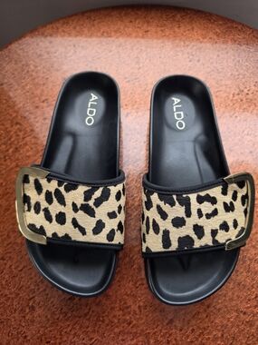 ALDO Women's Leopard Print Slide Sandals in Tan and Black